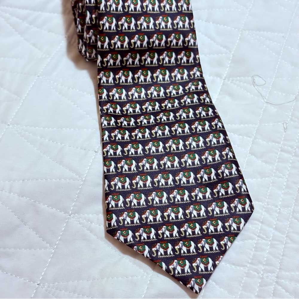 Christian Armand Elephant Print Tie 100% Silk Hand Made Japan Navy Red Green